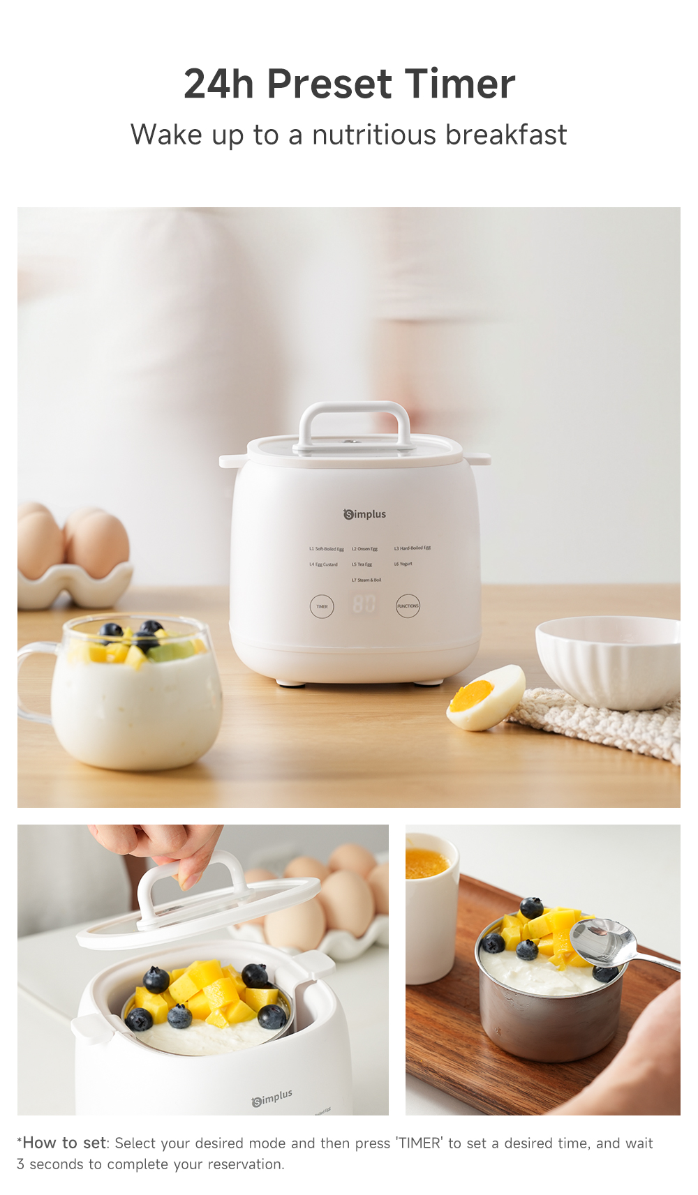 Simplus Multifunctional Egg Cooker |7 Modes | 24h Reservation | SUS304 Steaming Bowl | Steaming Egg Custard Yogu